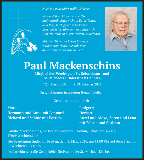 Traueranzeige von Paul Mackenschins von OF