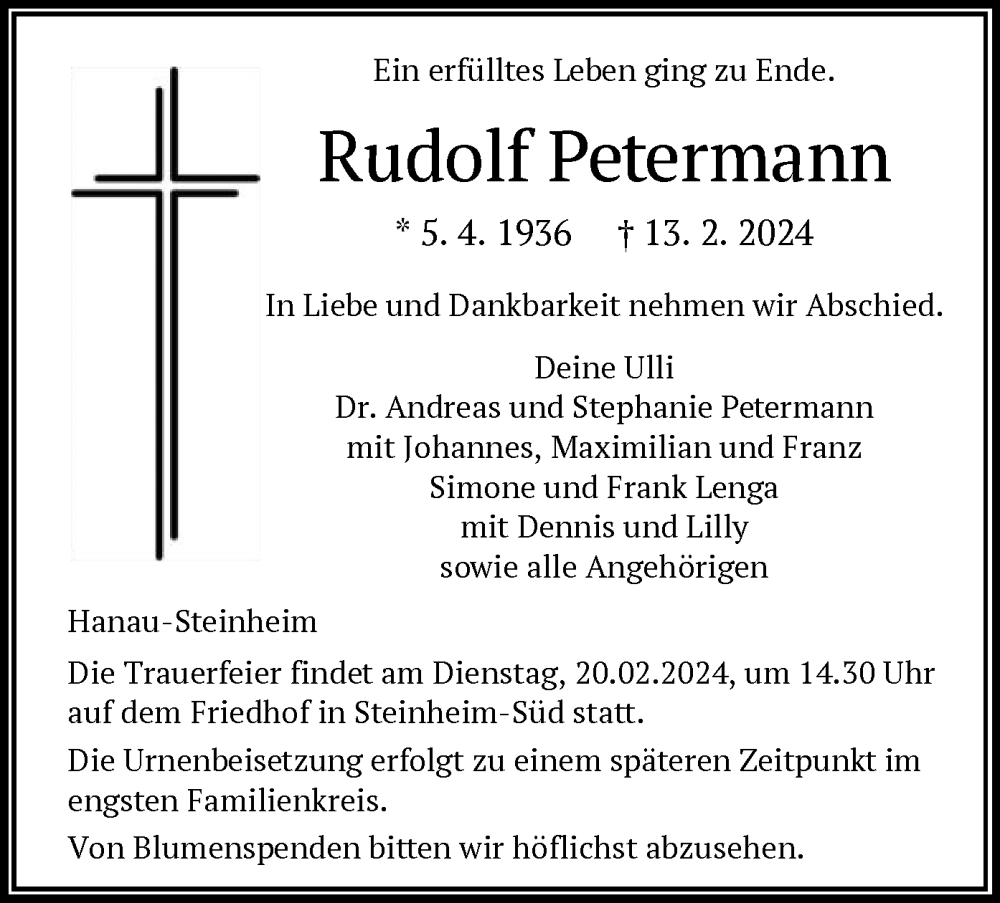  Traueranzeige für Rudolf Petermann vom 17.02.2024 aus OF