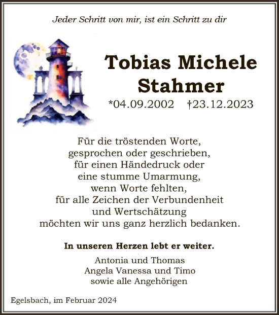 Traueranzeige von Tobias Michele Stahmer von OF