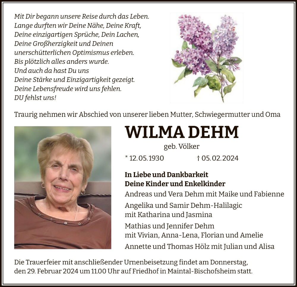  Traueranzeige für Wilma Dehm vom 17.02.2024 aus OF