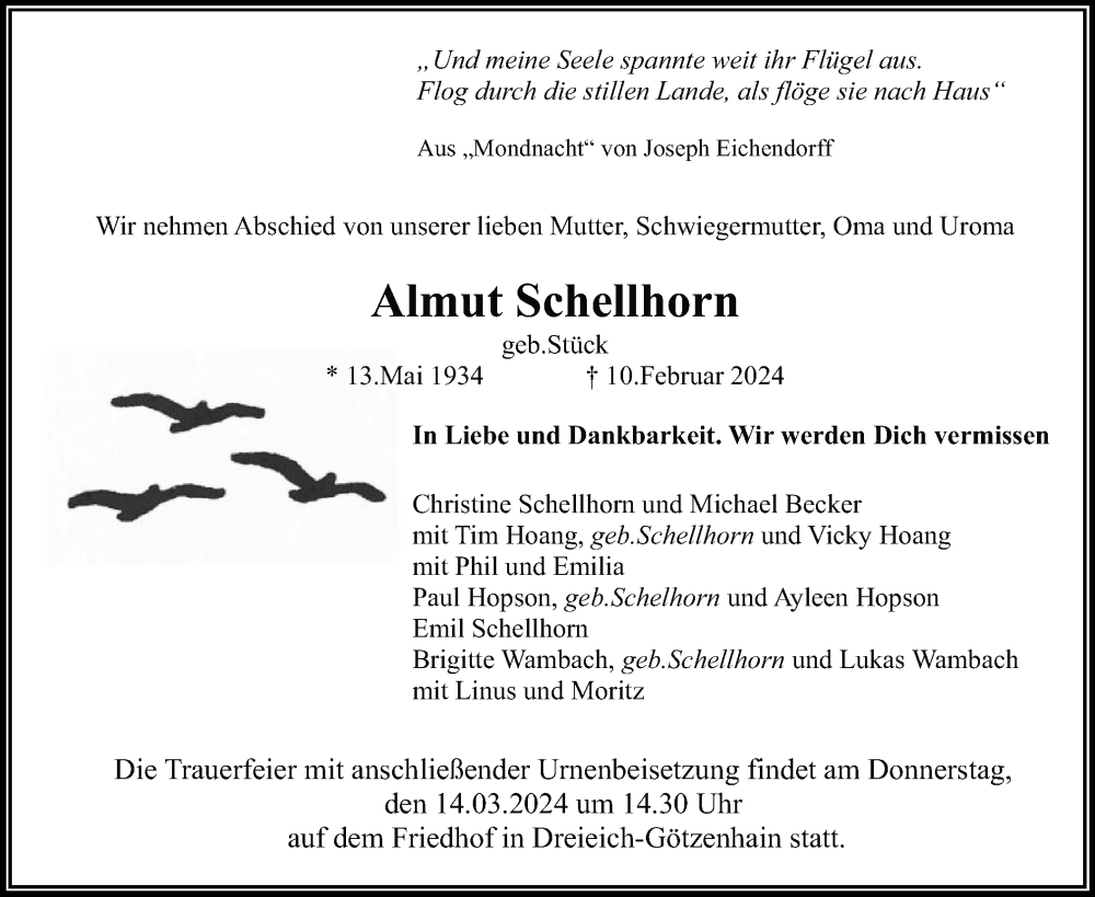  Traueranzeige für Almut Schellhorn vom 09.03.2024 aus OF