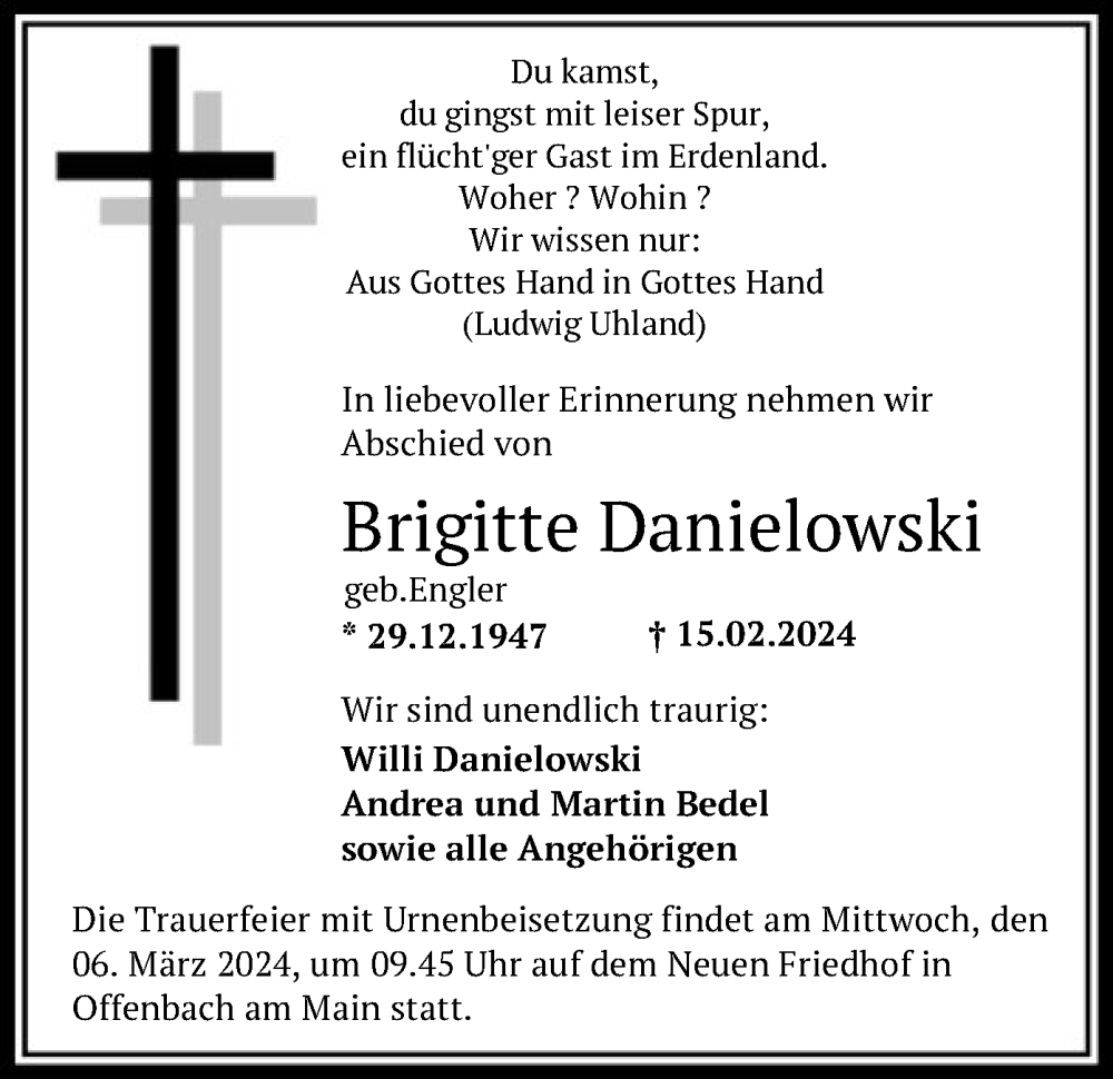  Traueranzeige für Brigitte Danielowski vom 02.03.2024 aus OF