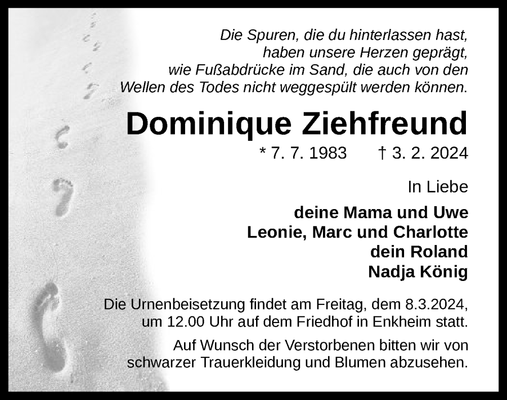  Traueranzeige für Dominique Ziehfreund vom 02.03.2024 aus OF