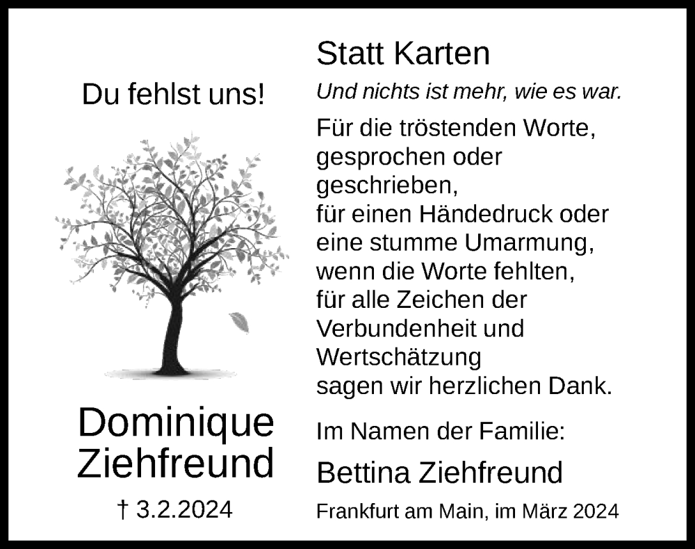  Traueranzeige für Dominique Ziehfreund vom 16.03.2024 aus OF