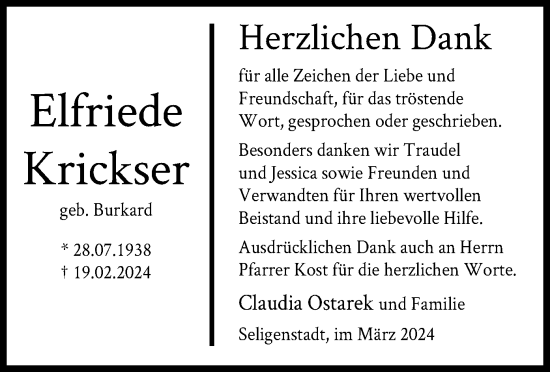 Traueranzeige von Elfriede Krickser von OF