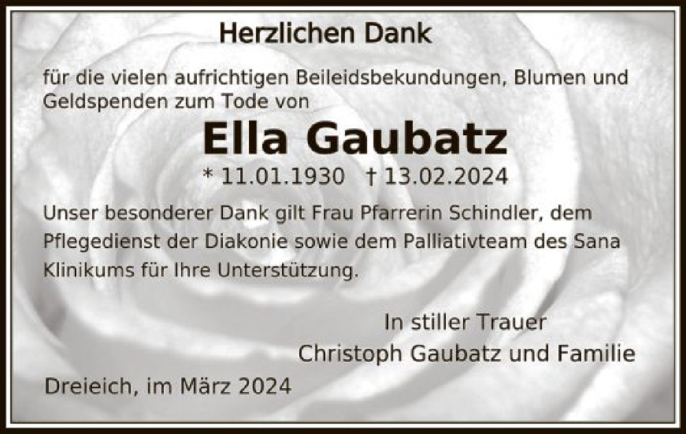  Traueranzeige für Ella Gaubatz vom 02.03.2024 aus OF