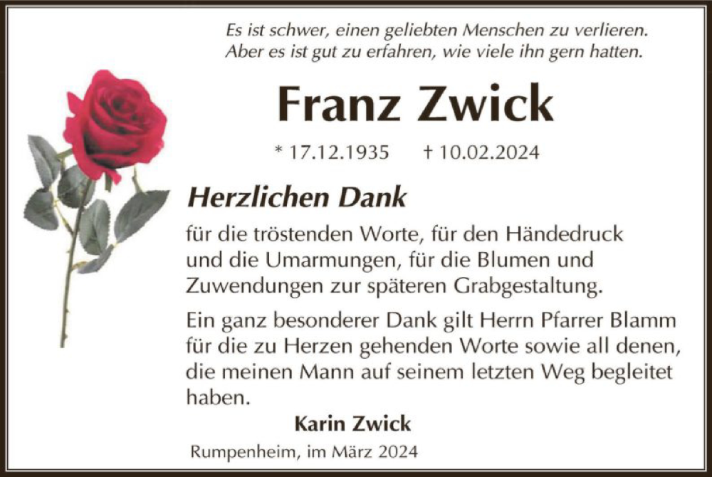  Traueranzeige für Franz Zwick vom 02.03.2024 aus OF