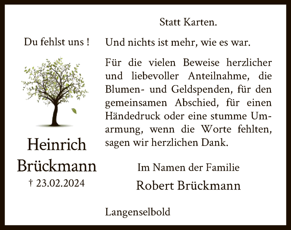  Traueranzeige für Heinrich Brückmann vom 23.03.2024 aus OF