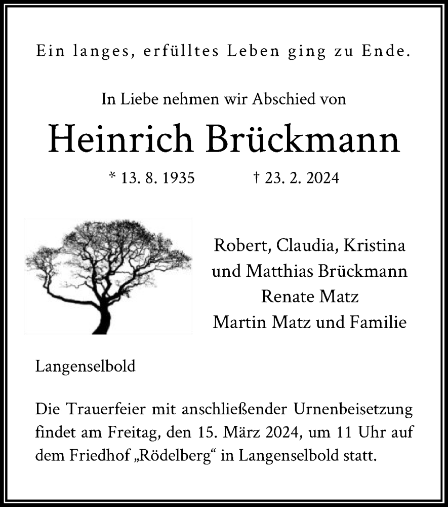  Traueranzeige für Heinrich Brückmann vom 02.03.2024 aus OF