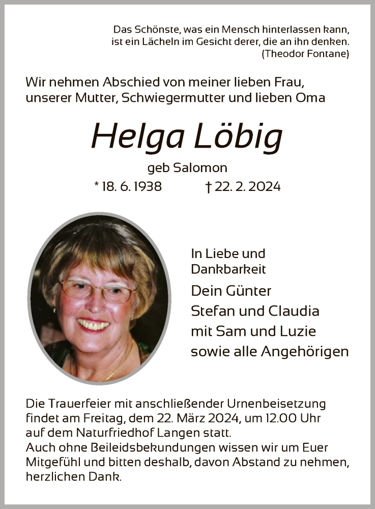  Traueranzeige für Helga Löbig vom 16.03.2024 aus OF