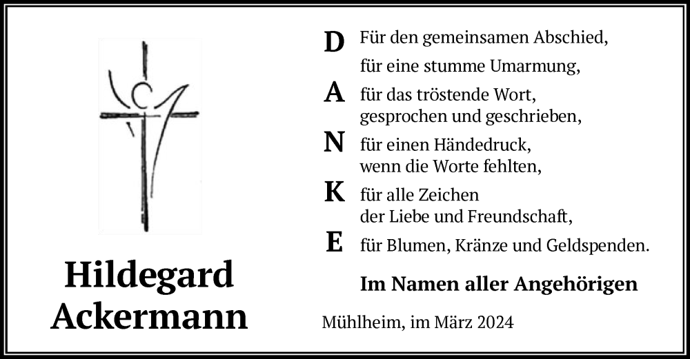  Traueranzeige für Hildegard Ackermann vom 16.03.2024 aus OF
