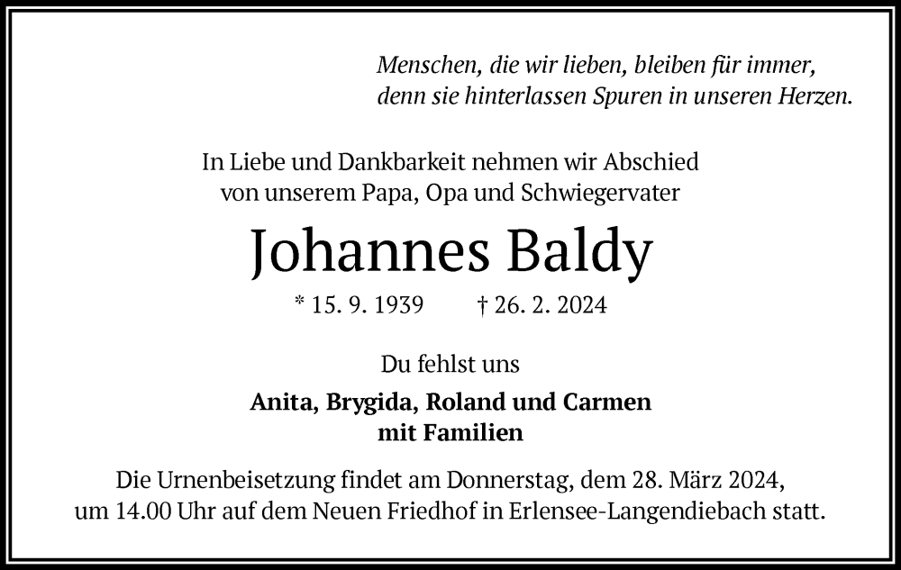  Traueranzeige für Johannes Baldy vom 16.03.2024 aus OF