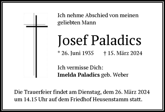 Traueranzeige von Josef Paladics von OF