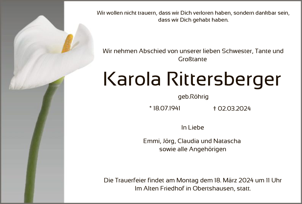  Traueranzeige für Karola Rittersberger vom 16.03.2024 aus OF