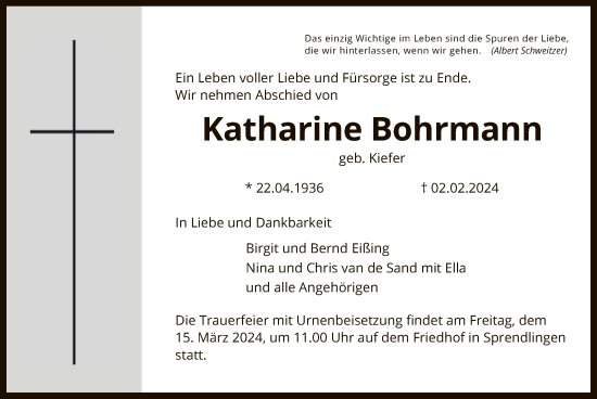Traueranzeige von Katharine Bohrmann von OF