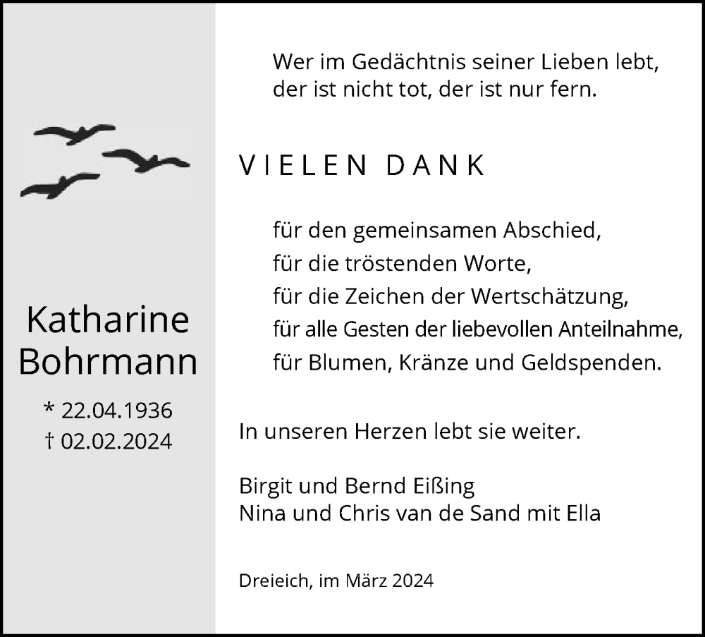  Traueranzeige für Katharine Bohrmann vom 30.03.2024 aus OF