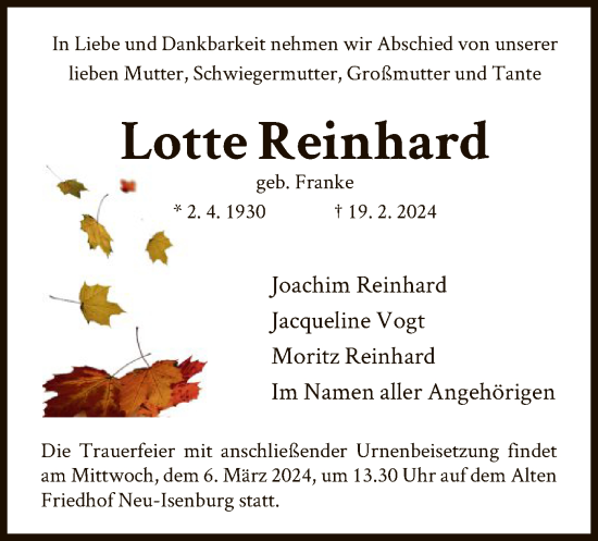 Traueranzeige von Lotte Reinhard von OF