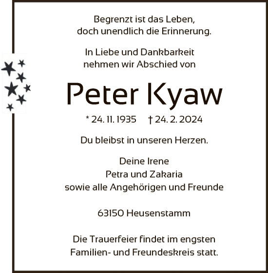 Traueranzeige von Peter Kyaw von OFOF