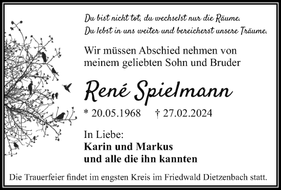 Traueranzeige von Rene Spielmann von OF