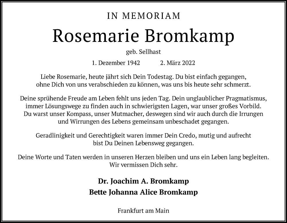  Traueranzeige für Rosemarie Bromkamp vom 02.03.2024 aus OF