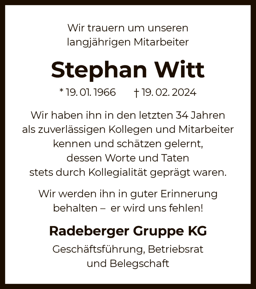  Traueranzeige für Stephan Witt vom 06.03.2024 aus OF