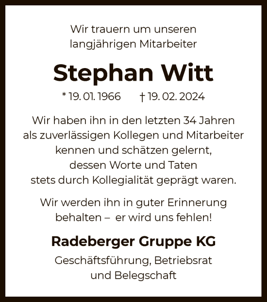 Traueranzeige von Stephan Witt von OF
