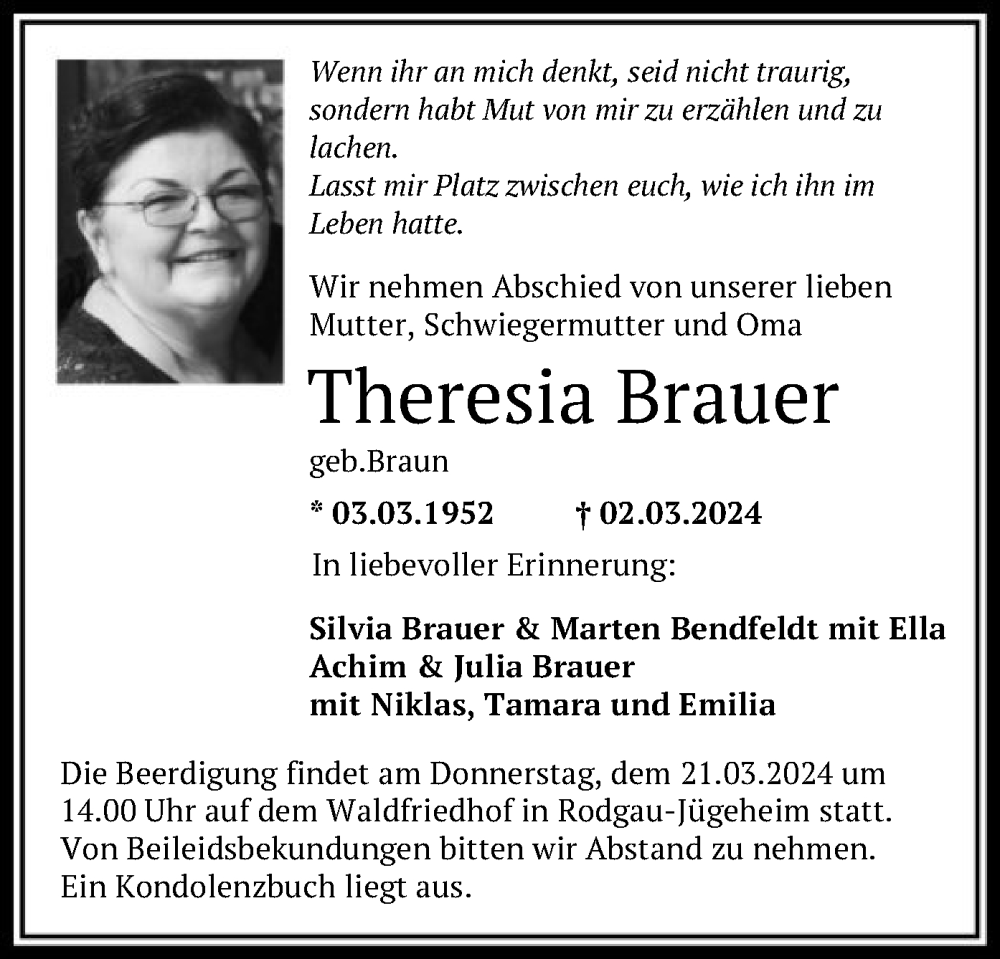  Traueranzeige für Theresia Brauer vom 09.03.2024 aus OF