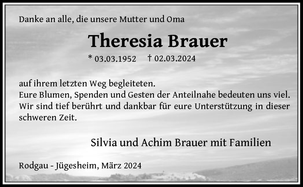  Traueranzeige für Theresia Brauer vom 30.03.2024 aus OF