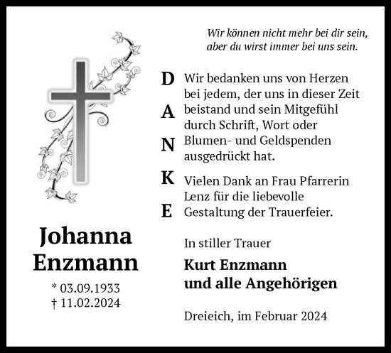 Traueranzeige von und alle Angehörigen von OF