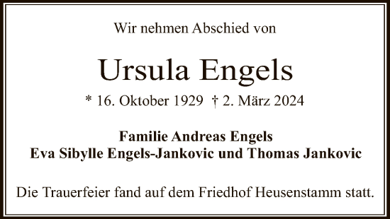 Traueranzeige von Ursula Engels von OF