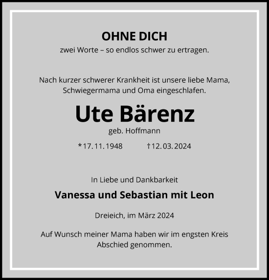 Traueranzeige von Ute Bärenz von OF