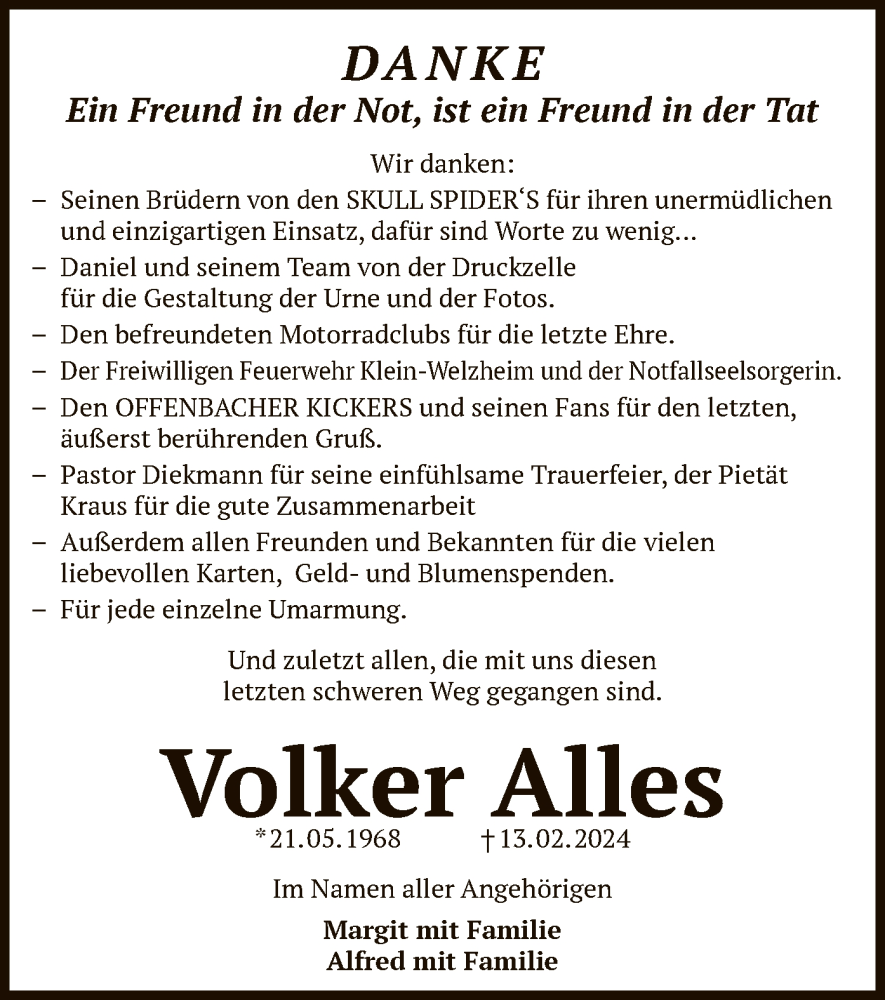  Traueranzeige für Volker Alles vom 09.03.2024 aus OF