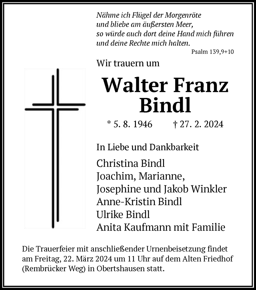  Traueranzeige für Walter Franz Bindl vom 16.03.2024 aus OF