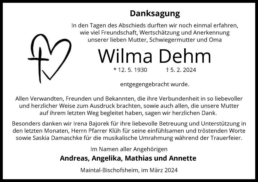  Traueranzeige für Wilma Dehm vom 09.03.2024 aus OF