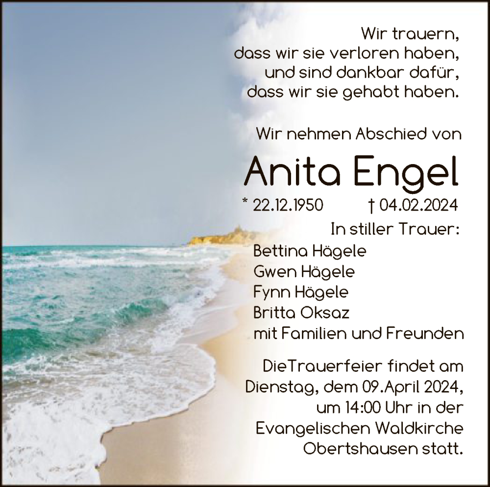  Traueranzeige für Anita Engel vom 04.04.2024 aus OF