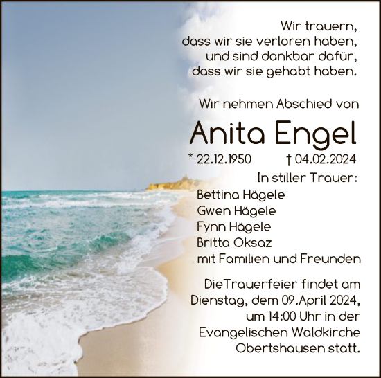 Traueranzeige von Anita Engel von OF