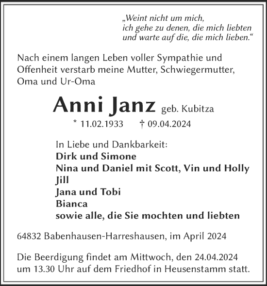 Traueranzeige von Anni Janz von OF