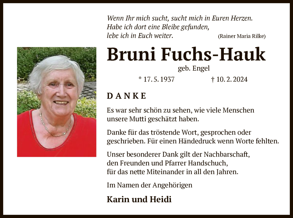  Traueranzeige für Bruni Fuchs-Hauk vom 06.04.2024 aus OF