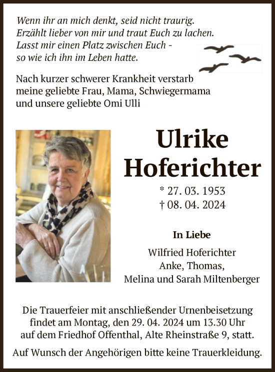 Traueranzeige von Charlotte Hoferichter von OF