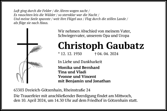 Traueranzeige von Christoph Gaubatz von OF