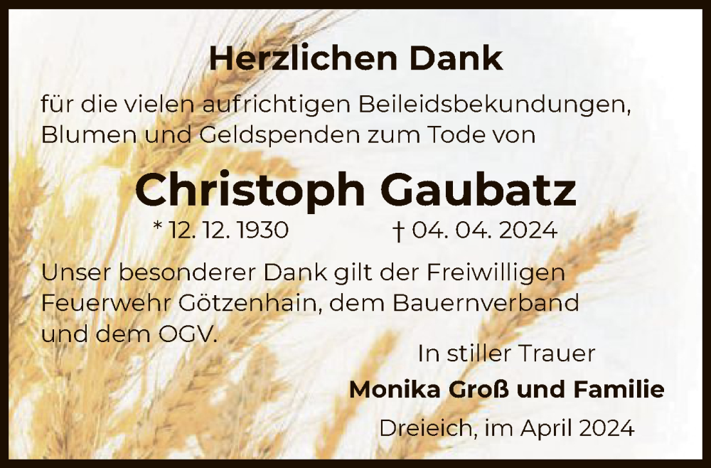  Traueranzeige für Christoph Gaubatz vom 20.04.2024 aus OF