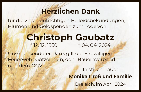 Traueranzeige von Christoph Gaubatz von OF