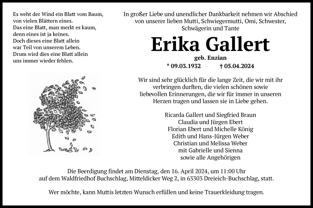  Traueranzeige für Erika Gallert vom 13.04.2024 aus OF