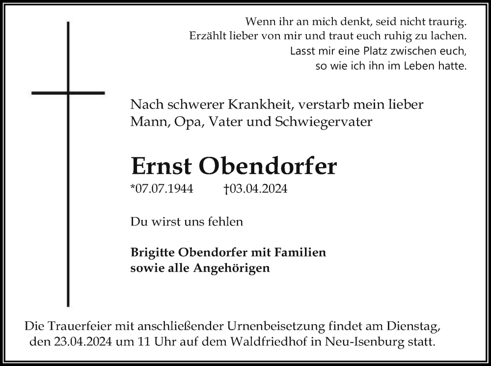  Traueranzeige für Ernst Obendorfer vom 13.04.2024 aus OF