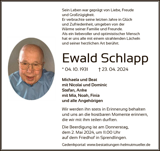 Traueranzeige von Ewald Schlapp von OF