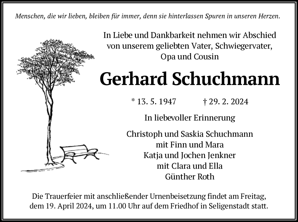  Traueranzeige für Gerhard Schuchmann vom 13.04.2024 aus OF