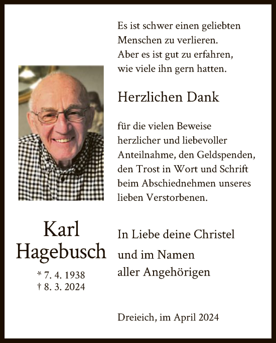 Traueranzeige von HeKarl Hagebusch von OF