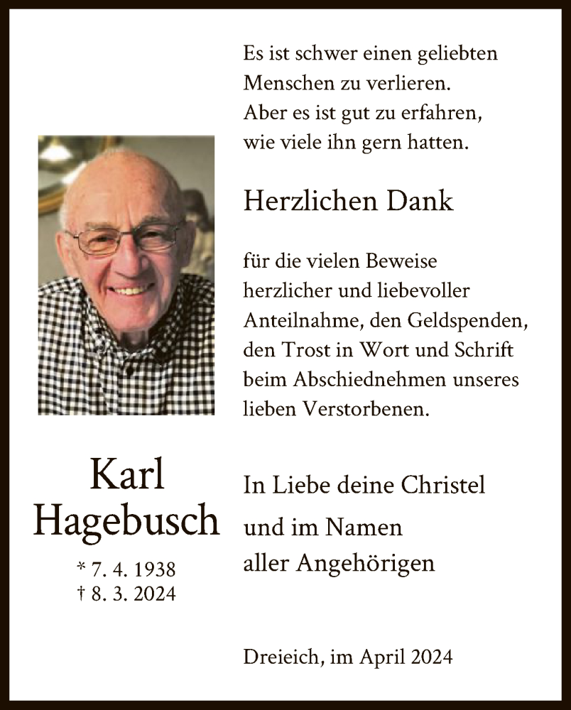  Traueranzeige für HeKarl Hagebusch vom 13.04.2024 aus OF
