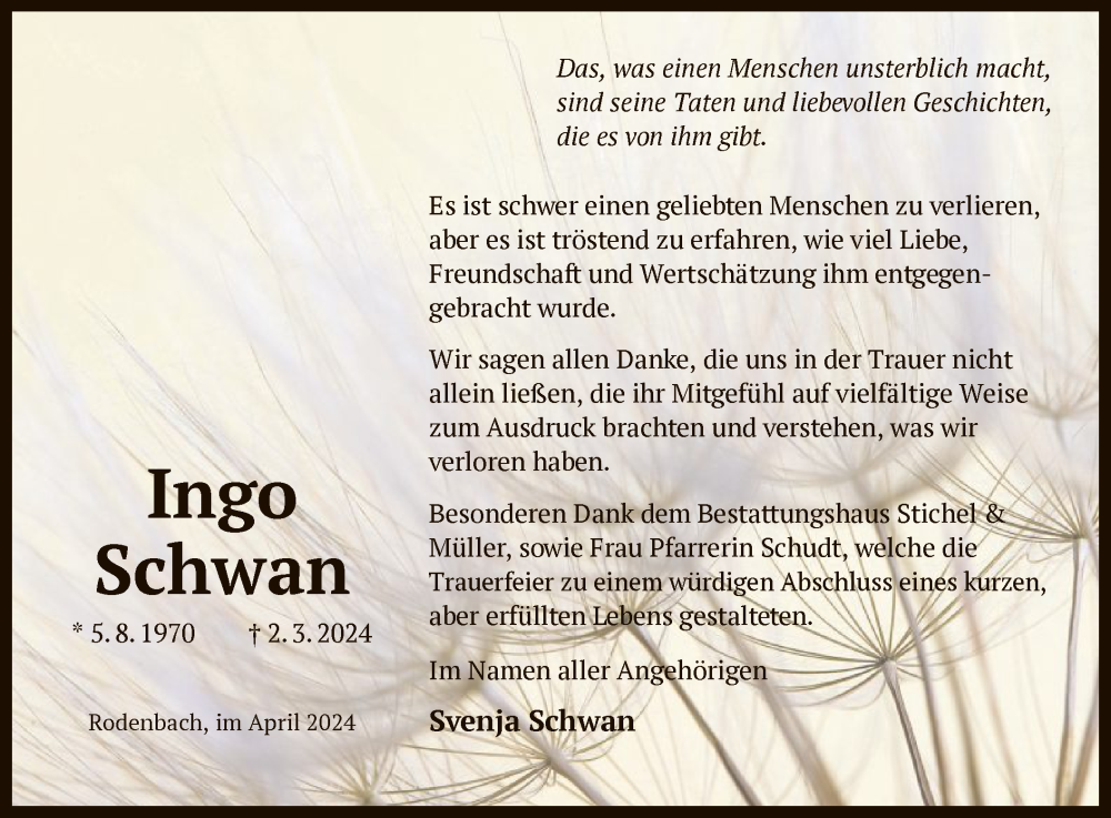  Traueranzeige für Ingo Schwan vom 20.04.2024 aus OF