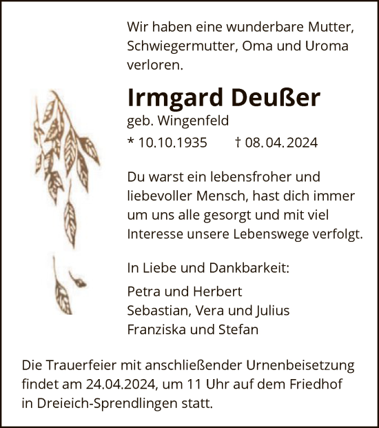 Traueranzeige von Irmgard Deußer von OF